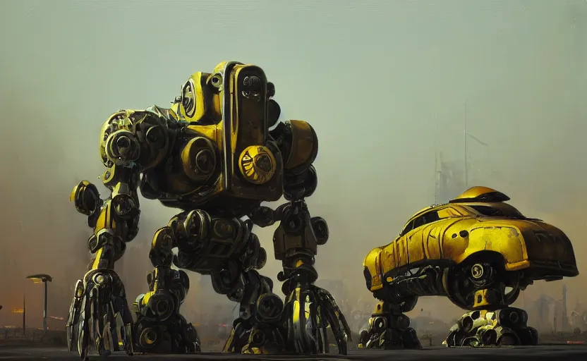 Image similar to an intricate oil painting of a giant armored plated metal mecha, croud, cars, by simon stalenhag, rust, yellow and black trim, trending on artstation, hdr, 8 k
