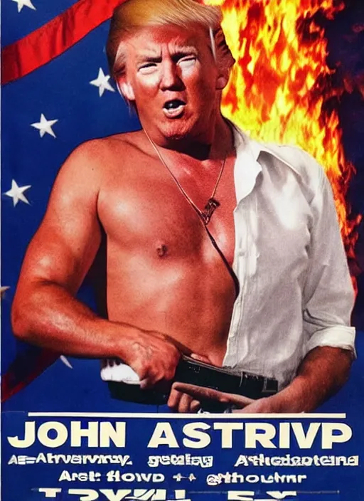 Image similar to an 8 0's john alvin action movie poster of donald trump starring in trumpster fire. explosions.