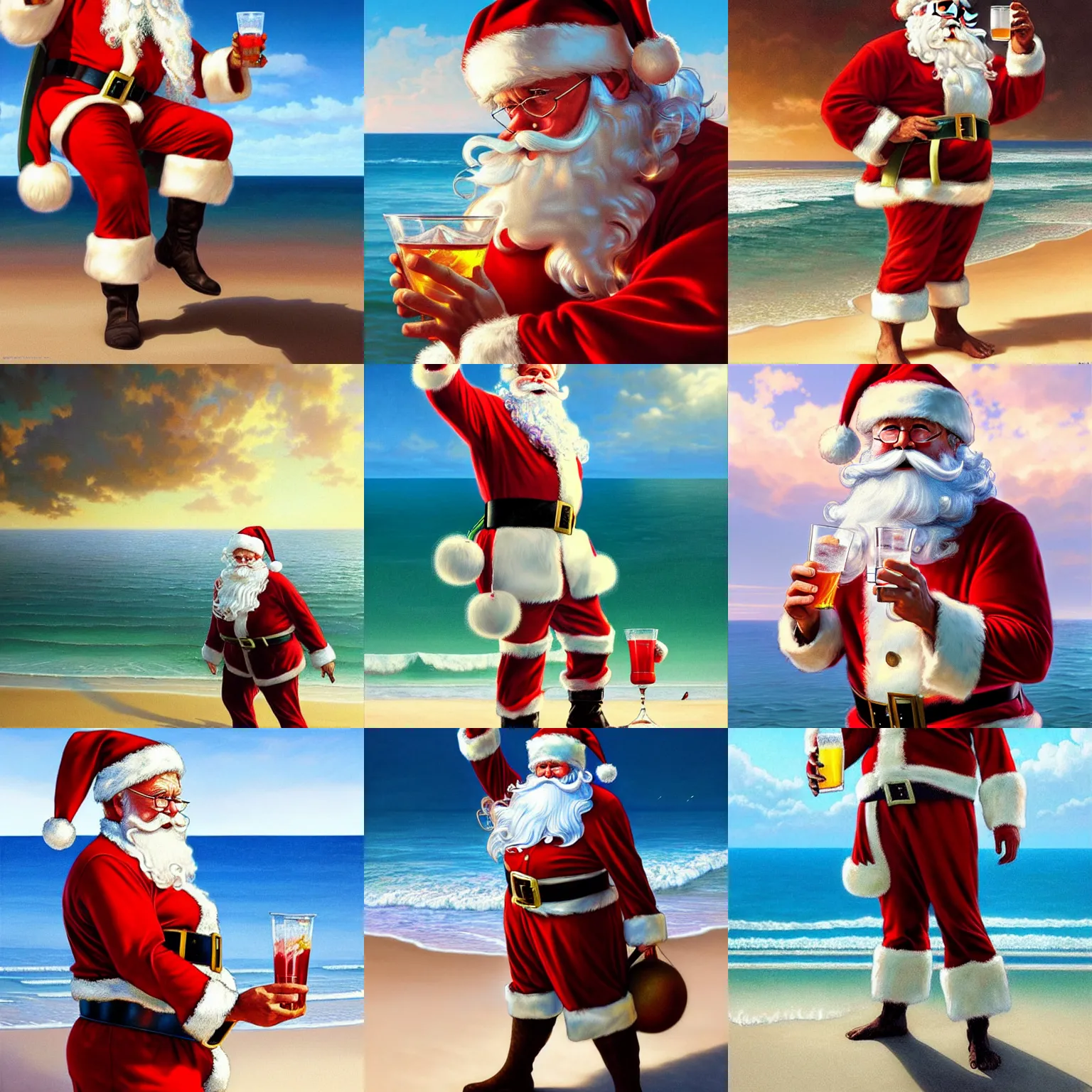 Prompt: ultra realistic illustration, santa claus on the beach with a drink, intricate, hero pose, hero shot, elegant, highly detailed, digital painting, artstation, concept art, smooth, sharp focus, illustration, art by artgerm and greg rutkowski and alphonse mucha