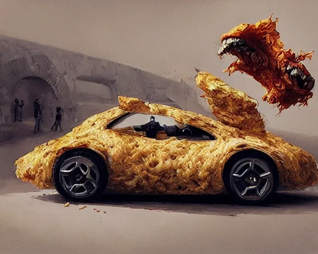 Image similar to a car made of cheese, many holes, concept art by joao ruas, highly detailed, hyperrealistic, artgerm, Tomasz Alen Kopera, WLOP, Boris Vallejo