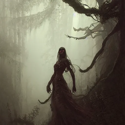 Image similar to epic hyperdetailed portrait of a haunting 🐙🕷 lurking in the shadows. by greg rutkowski, highly detailed portrait, rococo, digital painting, artstation, concept art, smooth, sharp foccus ilustration, artstation hq. intricate, elegant. art by wlop and artgerm and greg rutkowski and alphonse mucha, masterpiece. misty rainforest