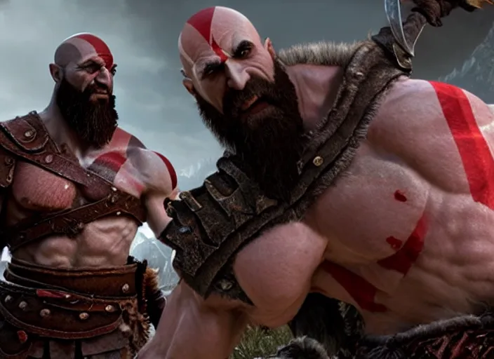 Image similar to in game screenshot of kratos victoriously holding up a!!! computer mouse!!! in the new god of war video game, 4 k