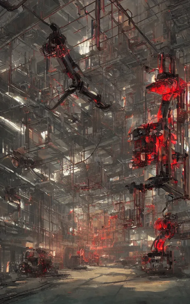 Image similar to dystopian factory building robots, with suspended rails and hanging mechanical parts, robotic arms, red leds, concept art by craig mullins, gloomy, neon lights