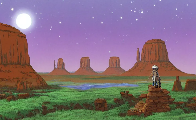 Image similar to a realistic cell - shaded studio ghibli concept art from paprika ( 2 0 0 6 ) of a cubic multi - colored rocketship from close encounters of the third kind ( 1 9 7 7 ) in a flooded monument valley stonehenge jungle jungle on a misty starry night. a camel caravan is in the foreground. very dull colors, portal, hd, 4 k, hq