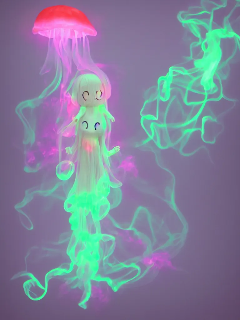 Image similar to cute fumo plush smiling ectoplasmic gothic jellyfish ghost girl, dancing on a foggy riverbank, glowing pink wisps of hazy green smoke, glowing lens flare, refraction, vray