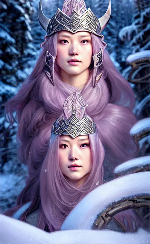 Image similar to kunzite viking warrior, regal, elegant, winter, snow, beautiful, stunning, hd, illustration, epic, d & d, fantasy, intricate, elegant, highly detailed, wide angle, digital painting, artstation, concept art, smooth, sharp focus, illustration, wallpaper, art by artgerm and greg rutkowski and alphonse mucha and jin xiaodi