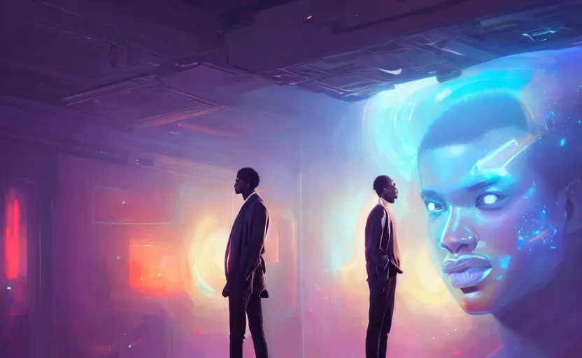 Image similar to portrait of handsome black genius staring intently in front of floating three dimensional holographic displays, elegant atmosphere, glowing lights, highly detailed, digital painting, artstation, concept art, smooth, sharp focus, illustration, art by wlop, mars ravelo and greg rutkowski