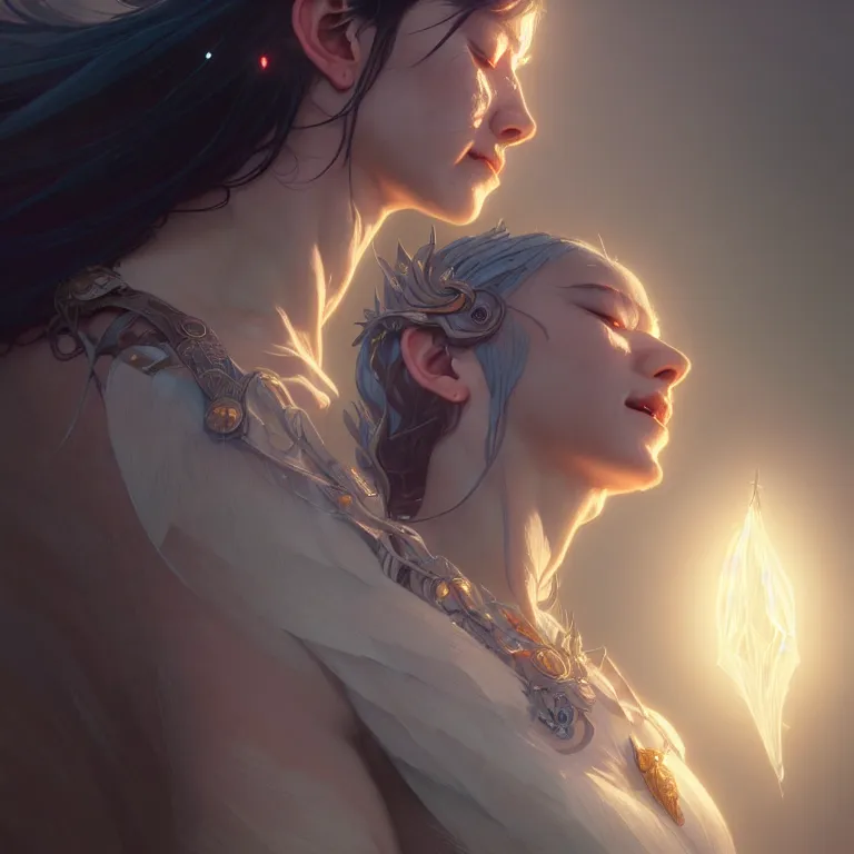 Image similar to crying goddess, tall, silver skin, illustration, cinematic lighting, 8 k, d & d, frostbite 3 engine, dof, artstation, tangled, digital art, twilight ray, art by tsuyoshi nagano, greg rutkowski, artgerm, alphonse mucha