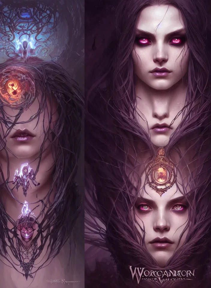 Image similar to Necromancer Sorceress face close-up in center, fantasy magic, undercut hairstyle, dark light night, intricate, elegant, sharp focus, illustration, highly detailed, digital painting, concept art, matte, art by WLOP and Artgerm and Greg Rutkowski and Alphonse Mucha, masterpiece