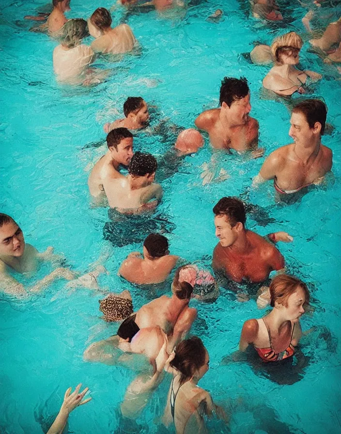 Image similar to “ a close - up of people stuck in a small square swimming pool, color photography ”