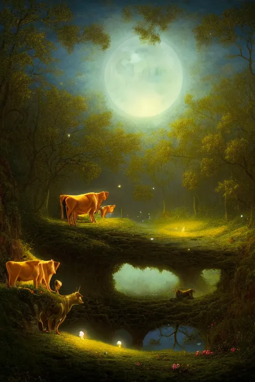 Image similar to a beautiful digital illustration painting of a detailed gothic fantasy secret calm creek babbling brooke cows drinking moon in sky fireflies, by benoit b. mandelbrot, steven belledin, martin johnson heade, lee madgwick, caspar david friedrich, and david rios ferreira. 8 k resolution trending on artstation concept art digital illustration