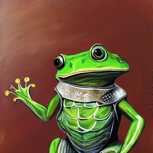 Image similar to frog wearing knight armor, painting