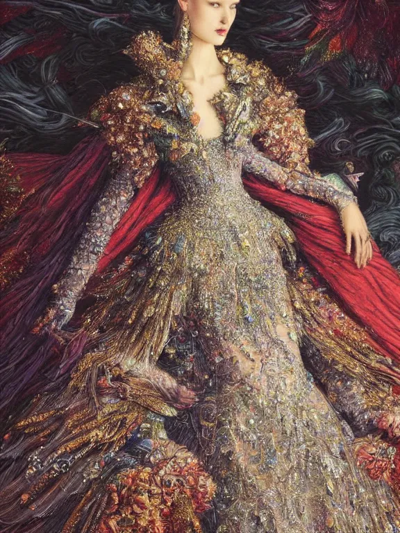 Image similar to A detailed digital picture of a beautiful women wear haute couture by John Galliano ,ethereal,maximalism,glittering, by patrick woodroffe,Gustave Doré,Trending on artstation,cgsociety，pinterest,vogue,Ligne Claire, DSLR,vivid color