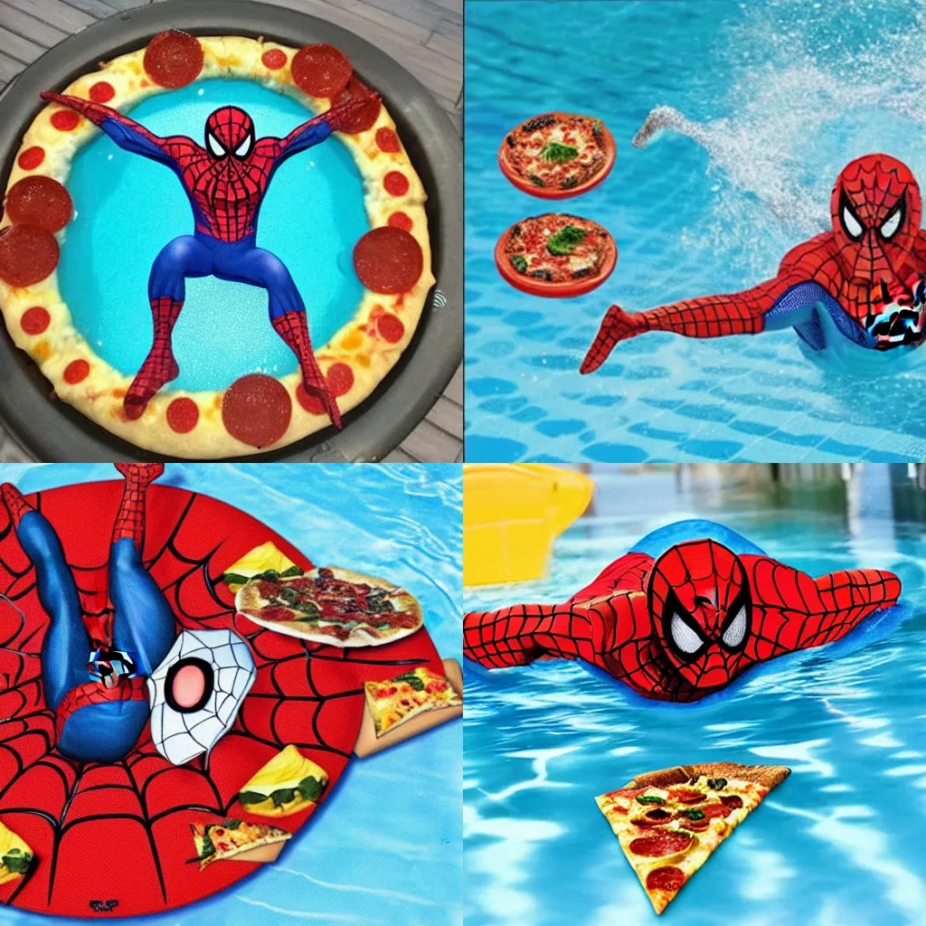 Prompt: spiderman swimming in a pool with pizza