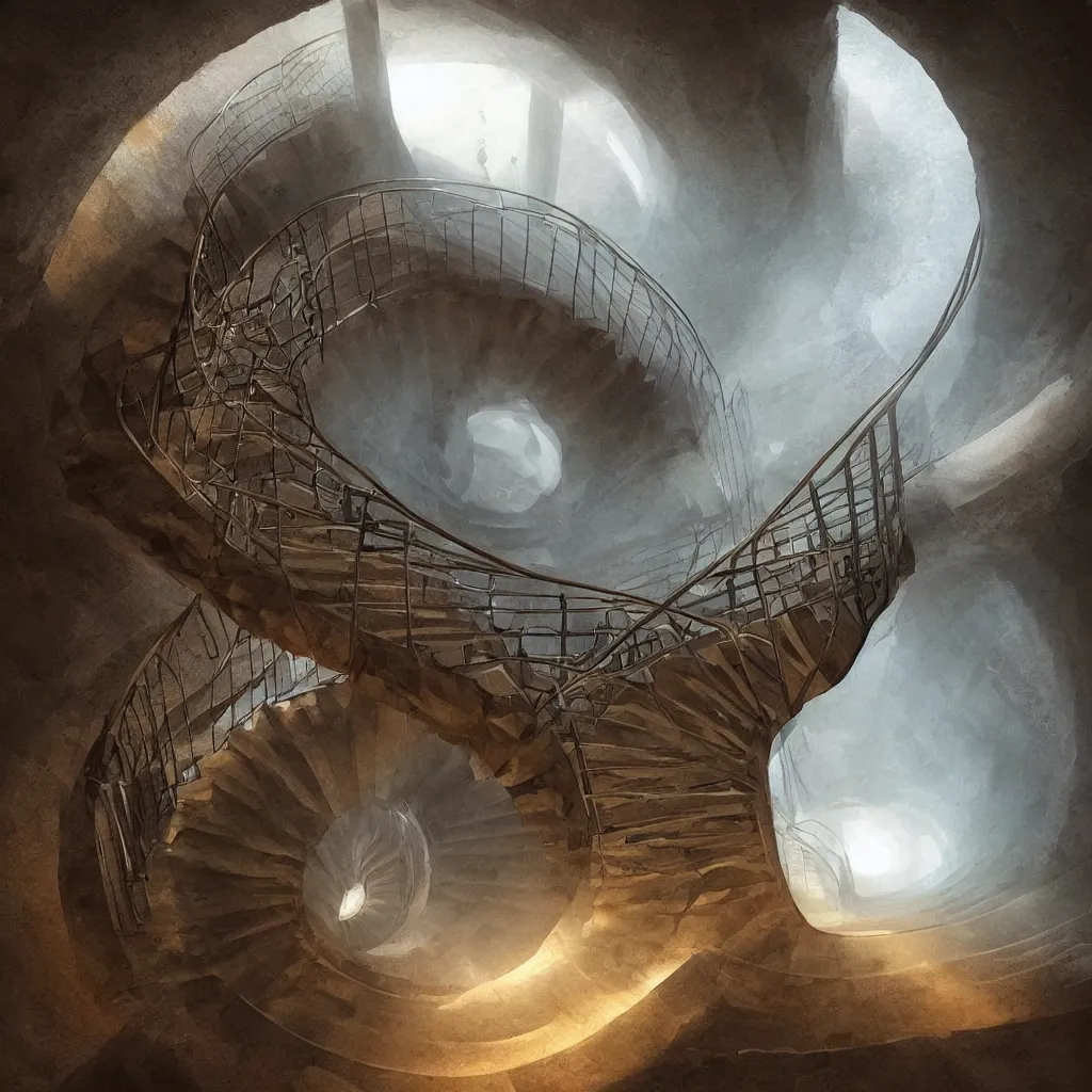 Prompt: “ a spiral staircase underground leads down to the center of the earth, mist, tyndall effect, artstation ”