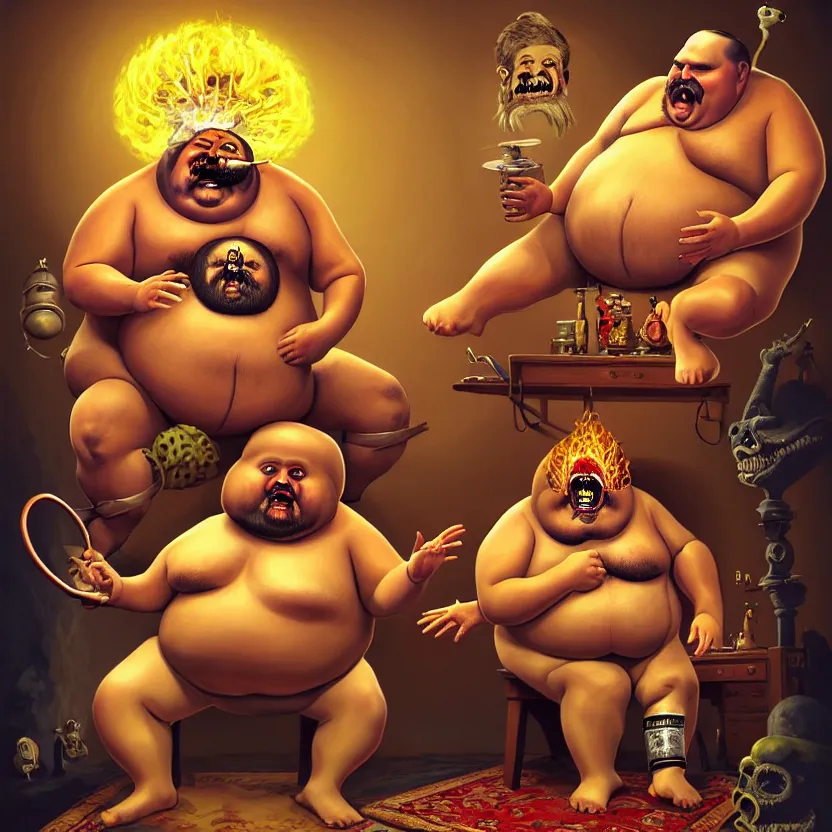 Image similar to painting of a very fat khatapa with a thick moustache eating the leg of a terrified man while sitting on a throne, in the background there is a nuclear explosion, cute, hilarious, disturbing, nightmare, highly detailed, funny, hahahaha, by david cronenberg, found on artstation, hyperrealistic digital art