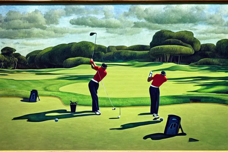 Image similar to Three golfers on a beautiful golf course driving range, by Diego Rivera