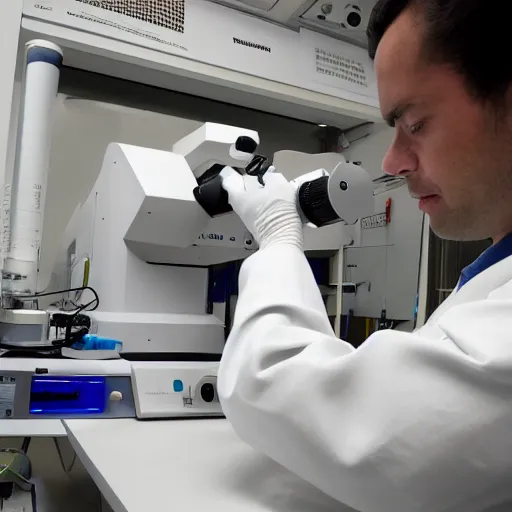 Image similar to scientist working with electron microscope in a clean environment, photography