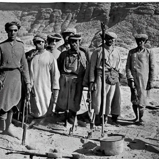 Image similar to ultra detailed photorealistic sepia - toned photo from 1 9 1 7, clean - shaven british soldiers standing with bedouin traders in traditional arab garb, at an archaeological dig site in wadi rum, ultra realistic, painted, intricate details, lovecraft, atmospheric, dark, horror, brooding, highly detailed, by clyde caldwell