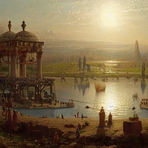 Image similar to detailed painting of a multiverse gateway in ancient mesopotamia in the middle of a sulphur lake, filigree ornaments, andreas achenbach, simon stalenhag