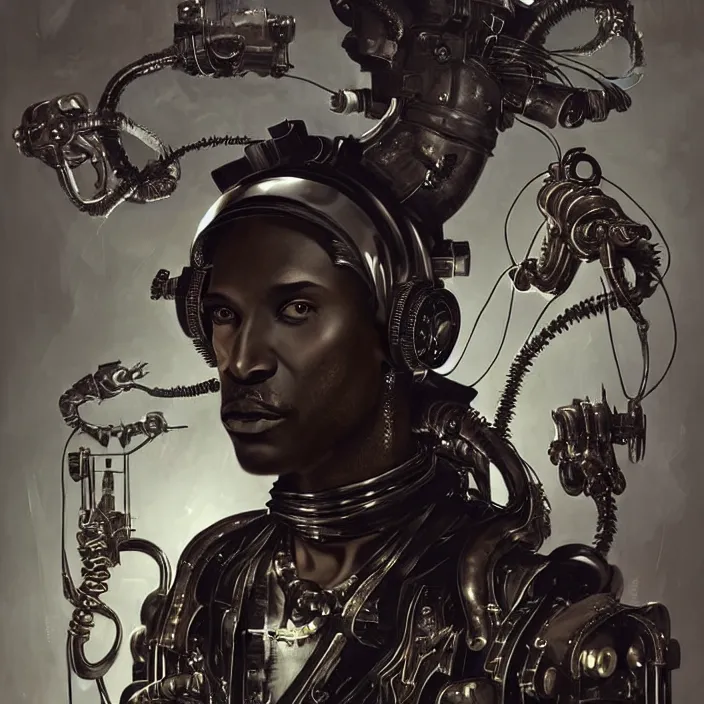 Prompt: cyberpunk black man at 20s with robot eyes, short hair, tiny thin mustache, thin face, wearing headphones, holding a big camera, by Wayne Barlowe by peter Mohrbacher by Giger, dressed by Alexander McQueen and by Neri Oxman, metal couture hate couture editorial