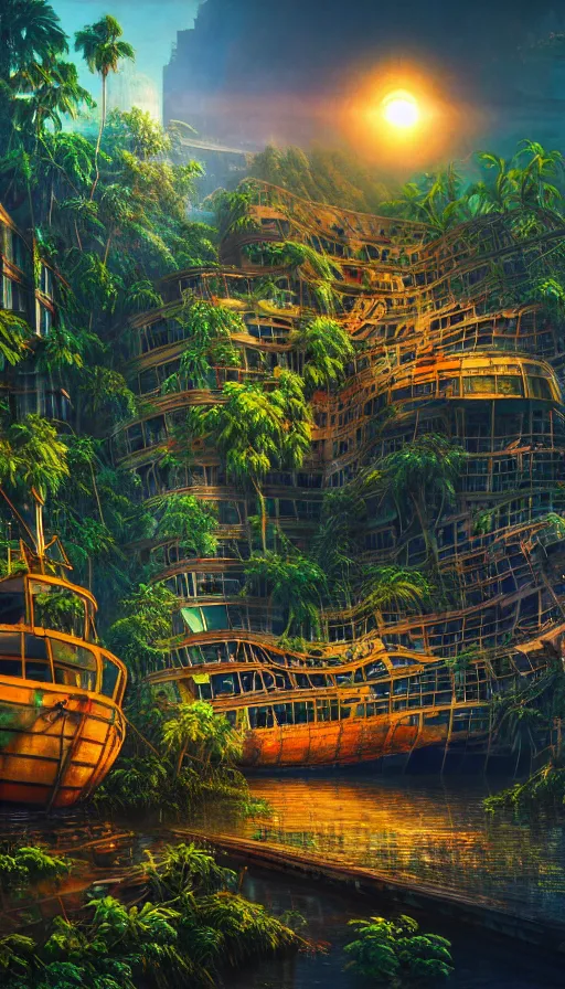 Prompt: a beautiful photorealistic painting of shipwreck nature urbex architecture city industrial architecture by frank gehry, sea reclaimed by nature rainforest flowers lightpaint tron nightvision synthwave morning sun sunlight nightsky uv light magic realism at night laser, archdaily, wallpaper, highly detailed, trending on artstation.