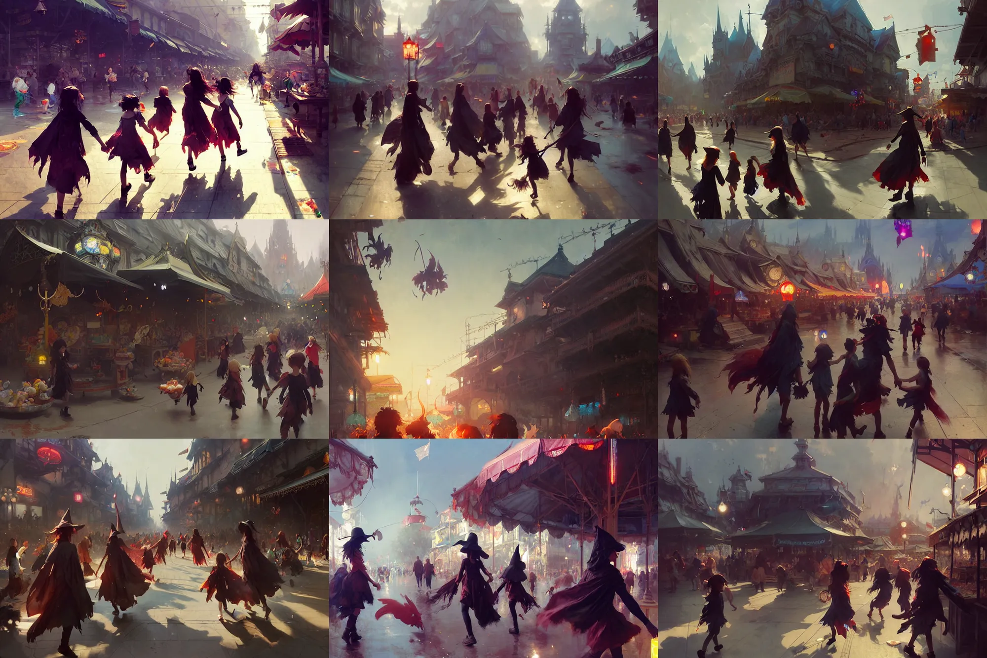 Prompt: young witches running around exploring small town carnival amusement, food stalls, highly detailed, digital painting, concept art, matte, art by ruan jia and wlop and greg rutkowski and makoto shinkai, masterpiece