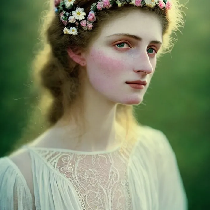 Image similar to Kodak Portra 400, 8K, soft light, volumetric lighting, highly detailed, britt marling style 3/4 ,portrait photo of a beautiful woman how pre-Raphaelites painter, a beautiful lace dress and detailed flowers adorning her hair, white pearls on her beautiful face, Realistic, Refined, Highly Detailed, natural outdoor soft pastel lighting colors scheme, outdoor fine art photography, Hyper realistic, photo realistic