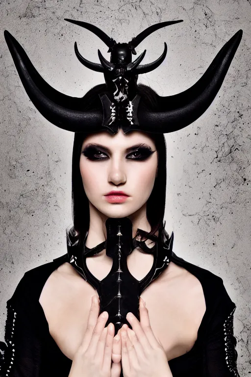 Image similar to a beautifull demon model, wearing organic bone armor, luxury materials, symmetrical, cinematic, elegant, professional studio light, real dlsr photography, sharp focus, 4 k, ultra hd, sense of awe, high fashion