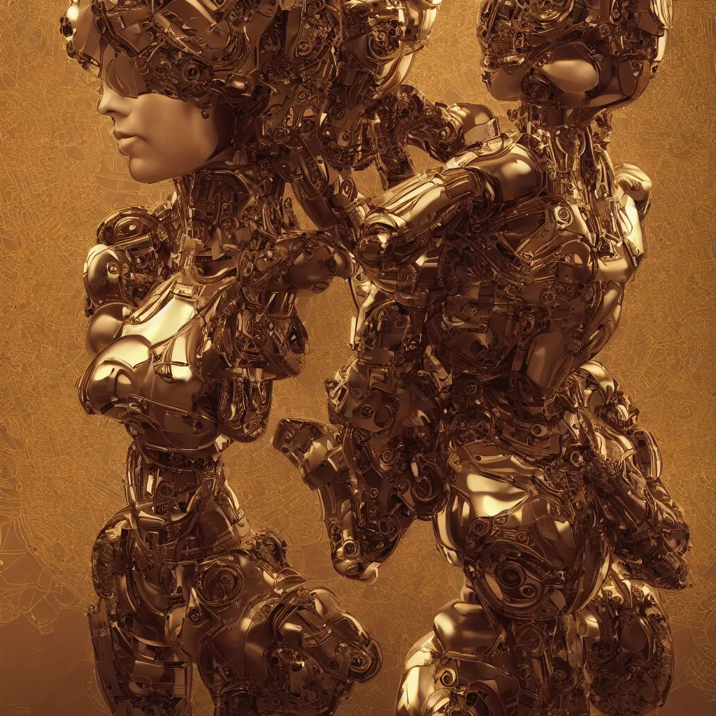 Image similar to a photo of a girl half robot, 3 d render 8 k shoot, volume light, cinematic light effect, super realistic, super wide angle, rococo ornament, cinematic, symmetrical ornament, decorative frame, by victo ngai, moebius, metal hurlant, leon francois comerre, craig mullins, mucha, klimt, artstation