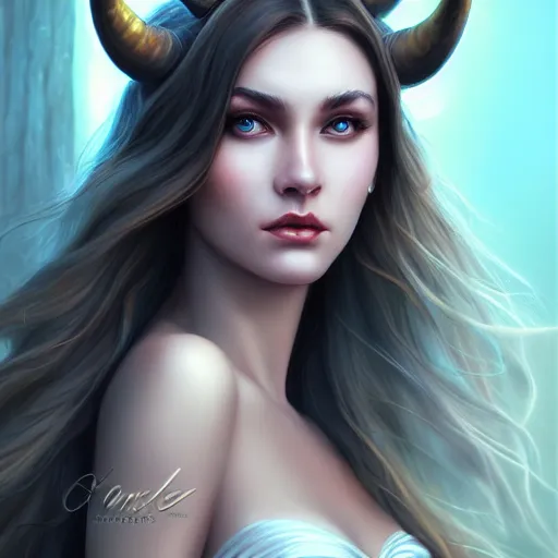 Image similar to perfectly - centered close - up face - portrait of horned goddess, the perfect human female specimen, intricate, elegant, super highly detailed, professional digital painting, artstation, concept art, smooth, sharp focus, no blur, no dof, extreme illustration, unreal engine 5, 8 k, by anne stokes