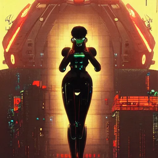 Image similar to a japanese cyberpunk robot, finely detailed features, cyborg robot parts with glowing lights!, dramatic cinematic, night, at cyberpunk city, ghost in the shell, akira, noir, painted by greg rutkowski makoto shinkai takashi takeuchi craig mullins, alphonse mucha, studio ghibli, pixiv