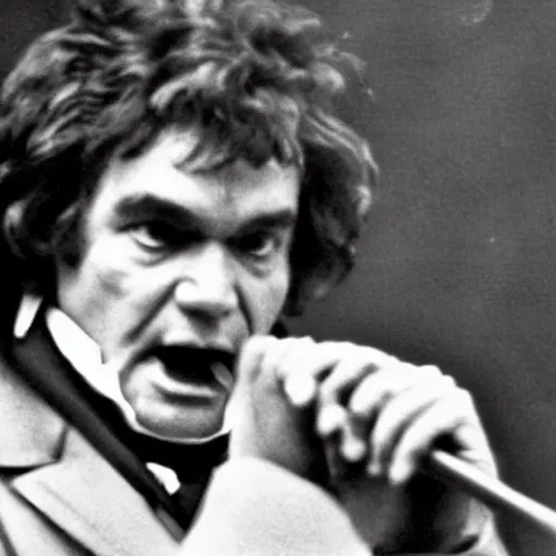 Prompt: photograph of ludwig van beethoven playing on stage in woodstock