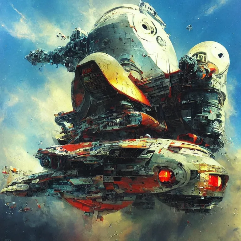 Prompt: “spaceship that looks like the Kool-Aid man busting out of warp speed, sci-fi concept art, by John Berkey, detailed painting, award winner”