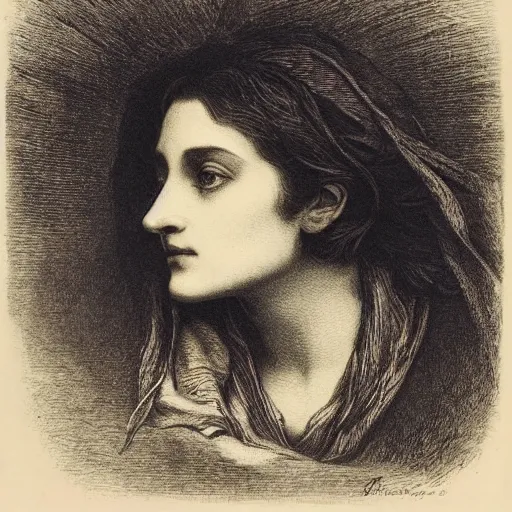 Prompt: extreme close-up, portrait of a young french woman from modern days, Gustave Dore lithography