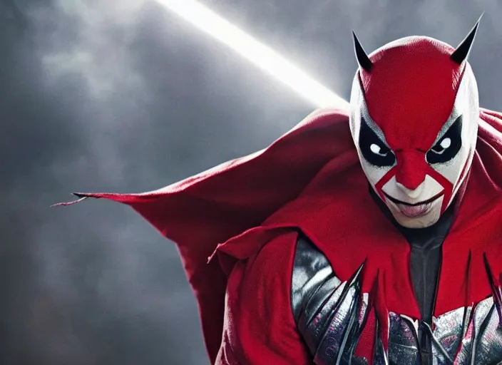 Image similar to film still of michael b jordan as spawn in the new spawn movie, giant chains, large cape, 8 k