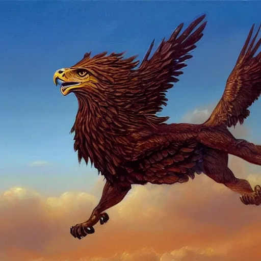Image similar to a realistic oil painting of a winged lion's body with an eagle head, highly detailed, trending on artstation, by james gurney and michael whelan