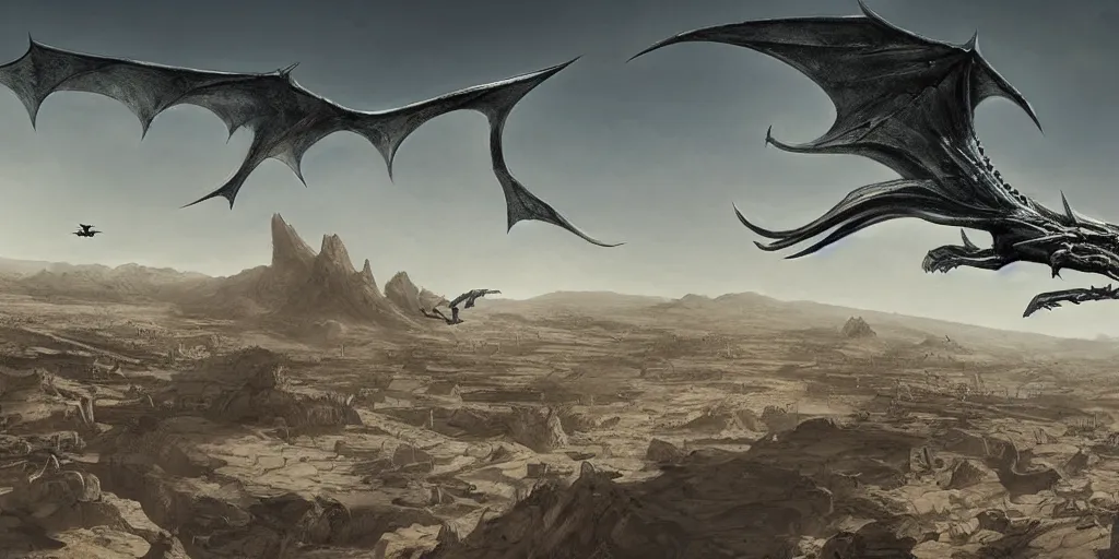 Image similar to giger wyvern flying over desert city, in style of federico pelat greg rutkowski