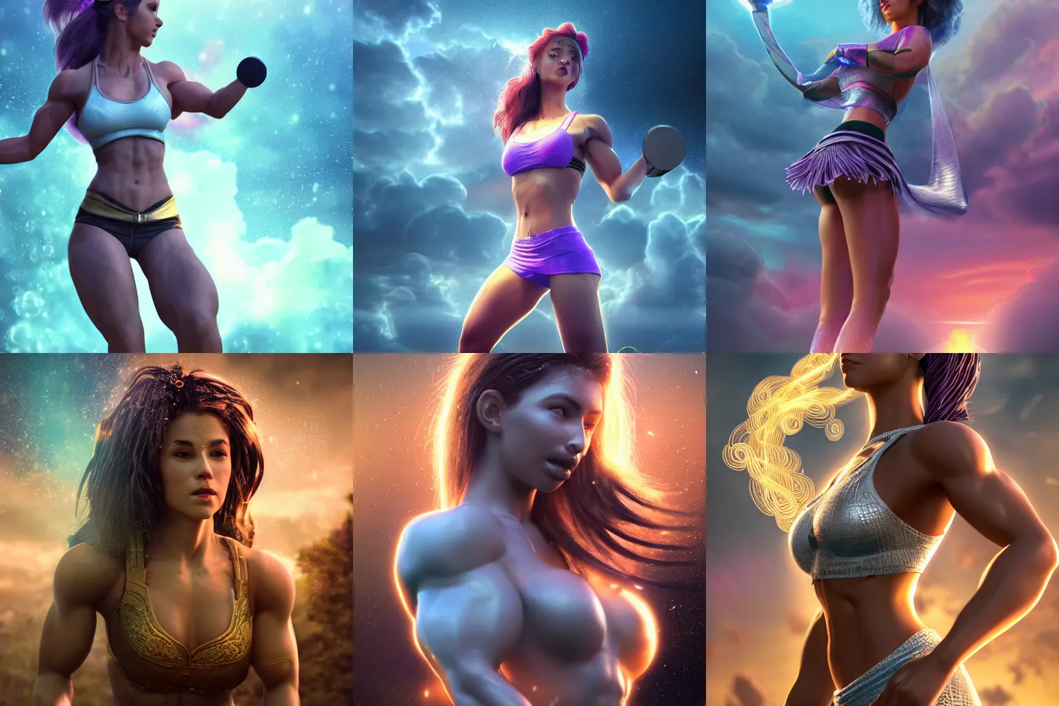 Prompt: a beautiful female goddess of workout character, character is in all its glory, character is in her natural relaxed pose, rim lights, particles and dust in the air, fancy clouds, highly detailed professional photo, dynamic lights, particles are flying, depth of field, trending on artstation, illustration, hyper realistic, vray caustics, super detailed, colorful accents, cinematic shot