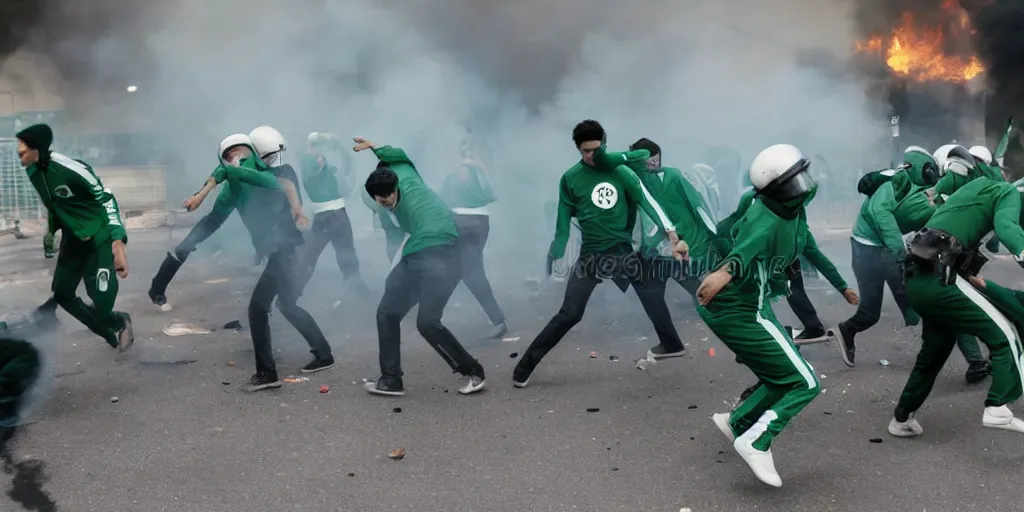 Image similar to photo of young men wearing green and white tracksuits fighting cops in a riot with burning cars, mid shot, editorial photography, night