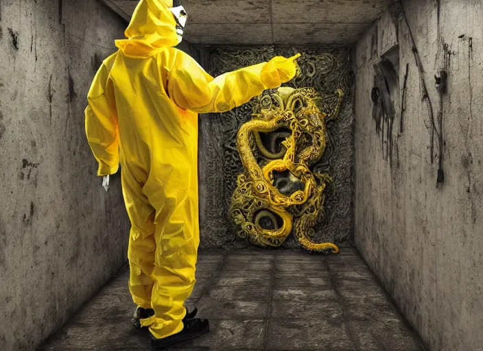 Prompt: a man in a yellow hazmat suit being eaten by a highly detailed Cthulhu Eldritch demon with many eyes and tentacles in an underground brutalist bunker, highly realistic, highly detailed, intricate, cinematic, wide angle, grime, symmetrical and centered, front facing camera, epic lighting, Unreal engine render in 8k