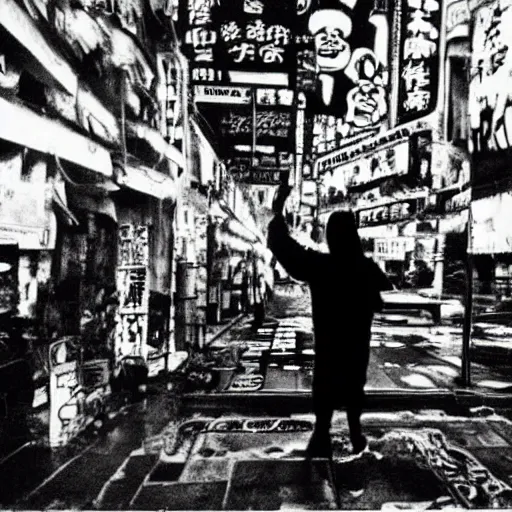 Image similar to A wizard waves his staff at a gangster, frantic, chaotic, ethereal, b&w, are-bure-boke!!!!!!!!, by Daido Moriyama!!!!!!