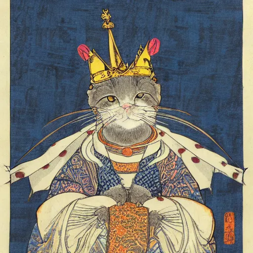 Prompt: Royal cat with a crown by Hokusai, in the style of Hokusai, octane render