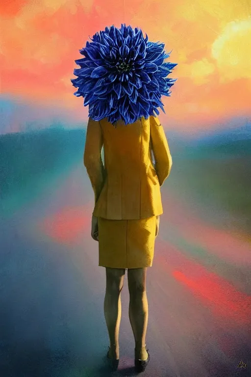 Image similar to closeup giant dahlia flower head, girl in a suit on a street, surreal photography, blue sky, sunrise, dramatic light, impressionist painting, digital painting, artstation, simon stalenhag