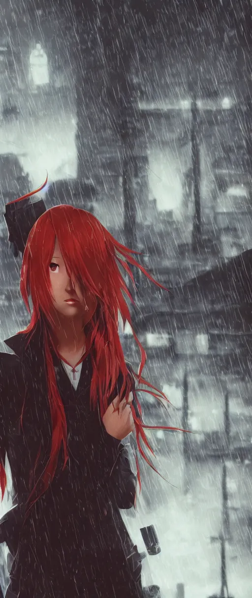 Image similar to asuka langley soryu in a dishonored town, dunwall city, advanced digital art, dishonored aesthetic, cinematic lighting, rainy weather, melancholy atmosphere, artstation, dunwall city, gothic architecture, volumetric light, octane render, dishonored game, dishonored 1, atmosphere or depression and despair, bokeh blur, anime character portrait