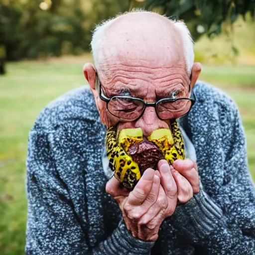 Image similar to an elderly man eating a giant bug, canon eos r 3, f / 1. 4, iso 2 0 0, 1 / 1 6 0 s, 8 k, raw, unedited, symmetrical balance, in - frame