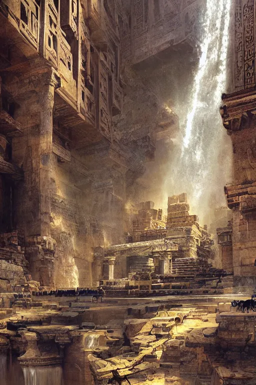 Image similar to looking up at ancient egyptian ruins interior, waterfall, huge statues, intricate, elegant, vivid colors, highly detailed, john park, craig mullins, sparth, ruan jia, jeffrey catherine jones