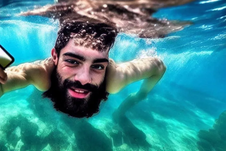 Prompt: greek god poseidon taking a selfie of himself underwater holding a go pro look king confused holding his trident
