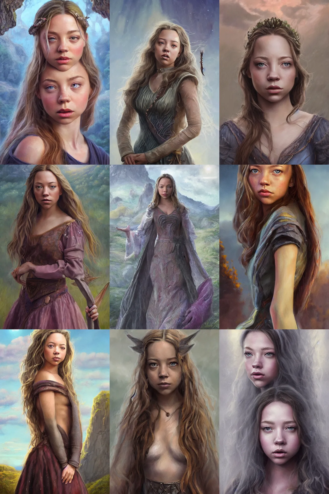 Prompt: a full body high detail fantasy portrait oil painting illustration of sydney sweeney as an elegant female wizard by justin sweet with face and body clearly visible, in a scenic background, pupils visible, realistic proportions, d & d, rpg, forgotten realms, artstation trending, high quality, sombre mood, artstation trending, muted colours, entire person visible!