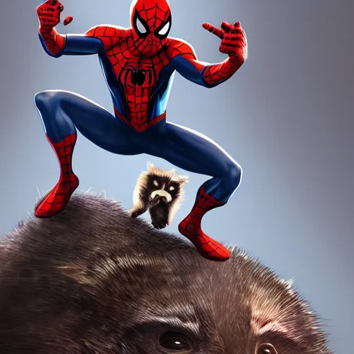 Image similar to spider - man sit on big raccoon, eating donuts, action scene, concept art, trending on artstation, highly detailed, intricate, sharp focus, digital art, 8 k